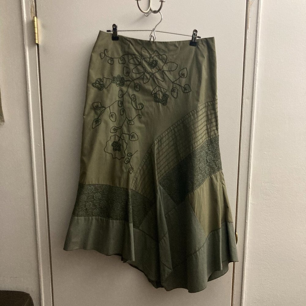 Army Green Embroidered Patchwork Asymmetrical Mid… - image 1
